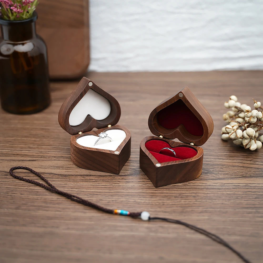 Engraved Heart-Shaped Wooden Ring Box – Personalized Wedding & Proposal