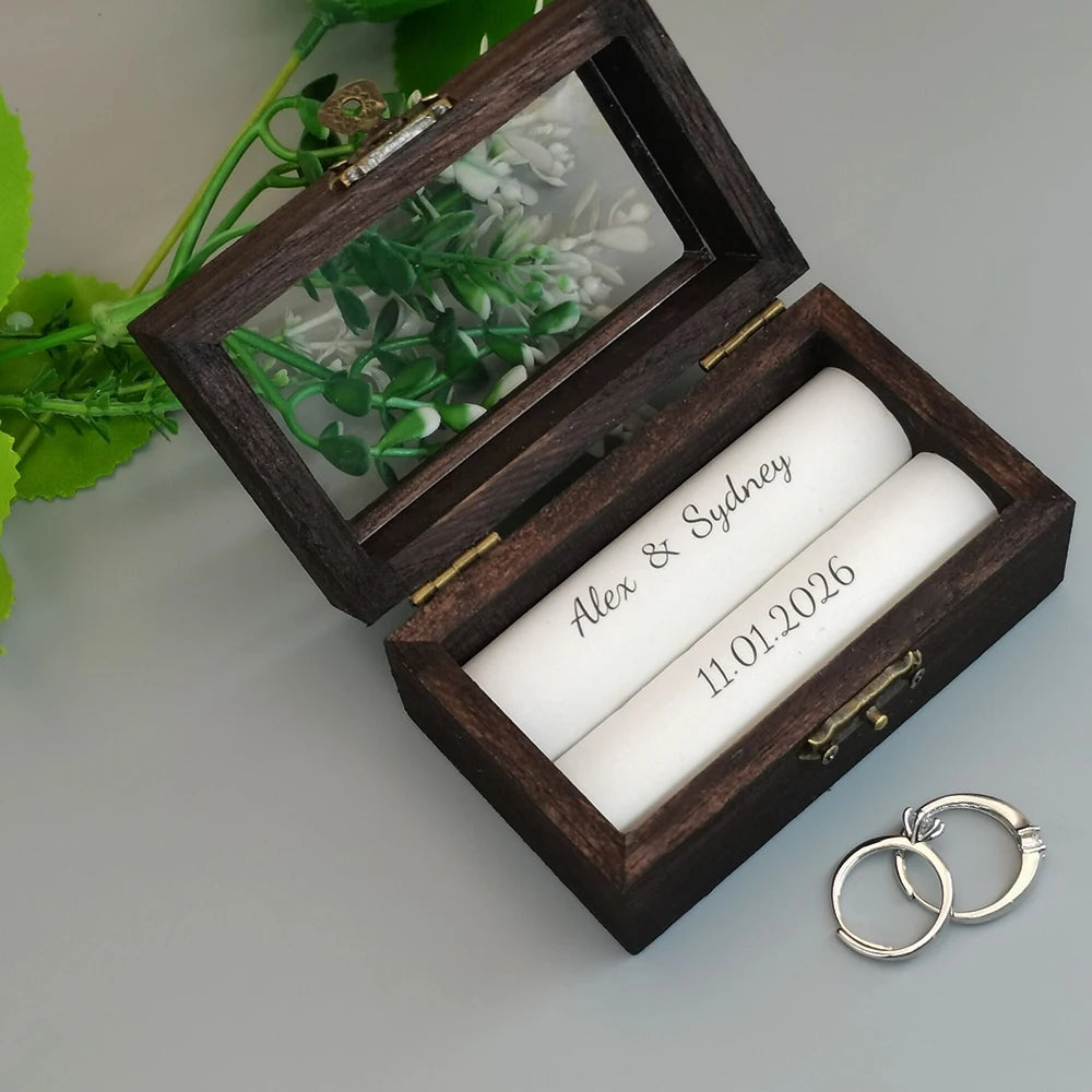 Personalized Rustic Wooden Ring Box – Custom Names & Date