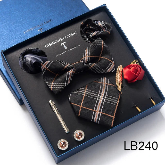 8-in-1 Luxury Silk Tie Gift Set – Necktie, Bow Tie, Pocket Squares, Cufflinks, Tie Clip & Brooches in Elegant Box