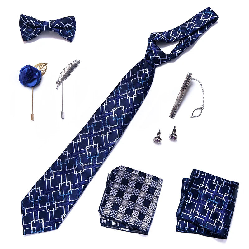 8-in-1 Luxury Silk Tie Gift Set – Necktie, Bow Tie, Pocket Squares, Cufflinks, Tie Clip & Brooches in Elegant Box