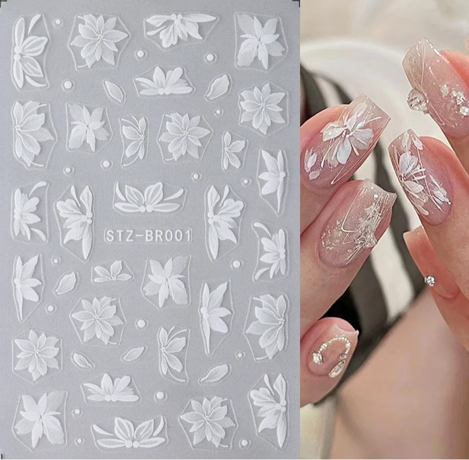 3D White Flower Nail Art Stickers Cute Floral Adhesive Sliders Acrylic Decoration Decals DIY Nail Charms Adhesive Accessories