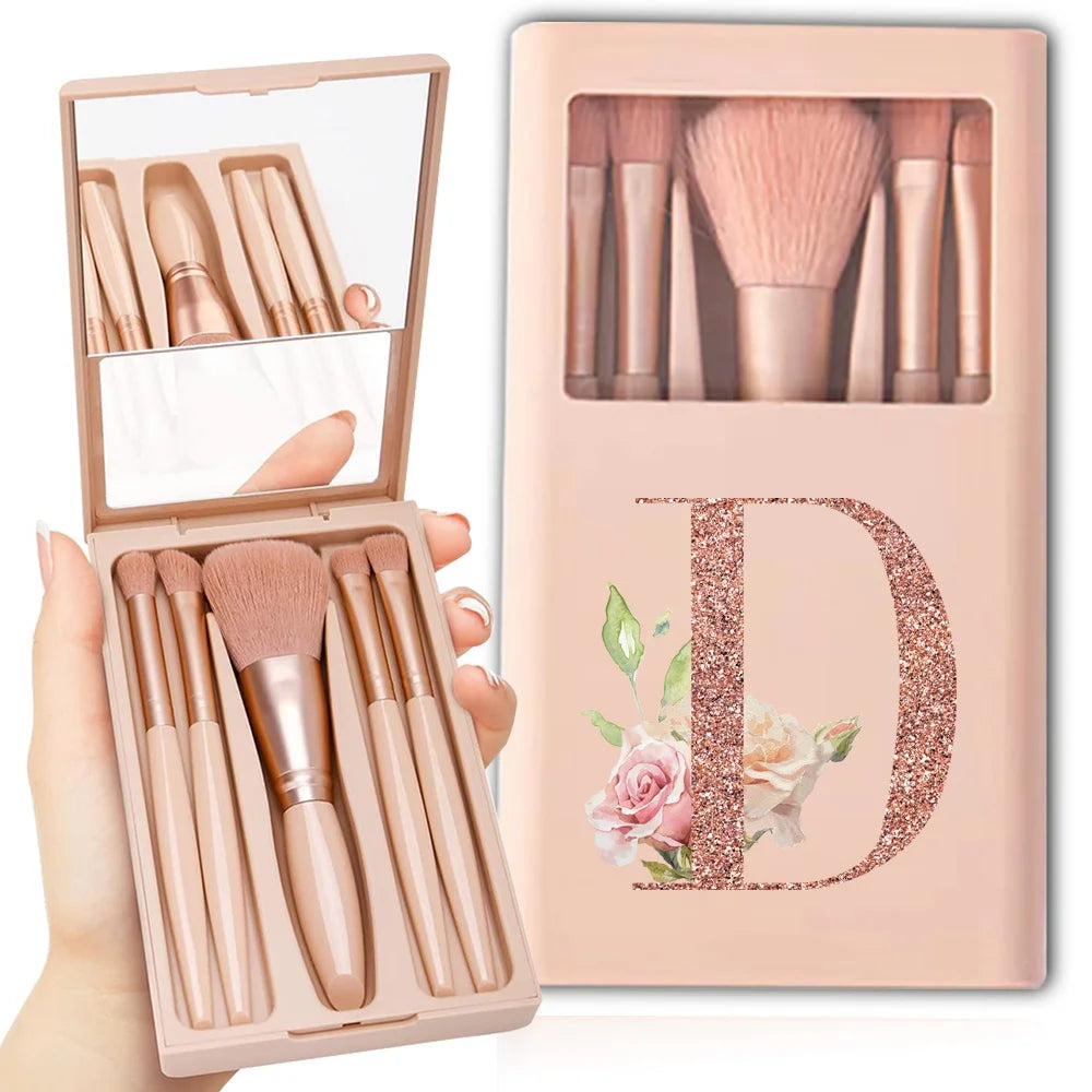 5-Piece Makeup Brush Set – Portable Cosmetic Kit with Mirror & Foldable Storage Case