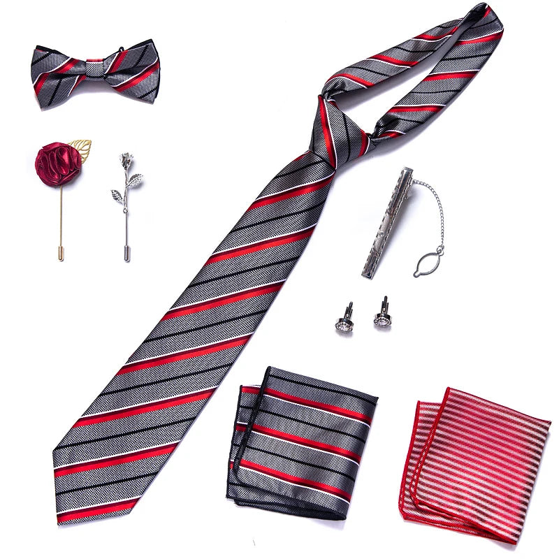 8-in-1 Luxury Silk Tie Gift Set – Necktie, Bow Tie, Pocket Squares, Cufflinks, Tie Clip & Brooches in Elegant Box