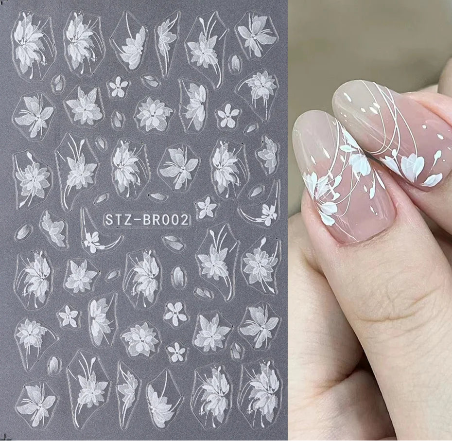 3D White Flower Nail Art Stickers Cute Floral Adhesive Sliders Acrylic Decoration Decals DIY Nail Charms Adhesive Accessories
