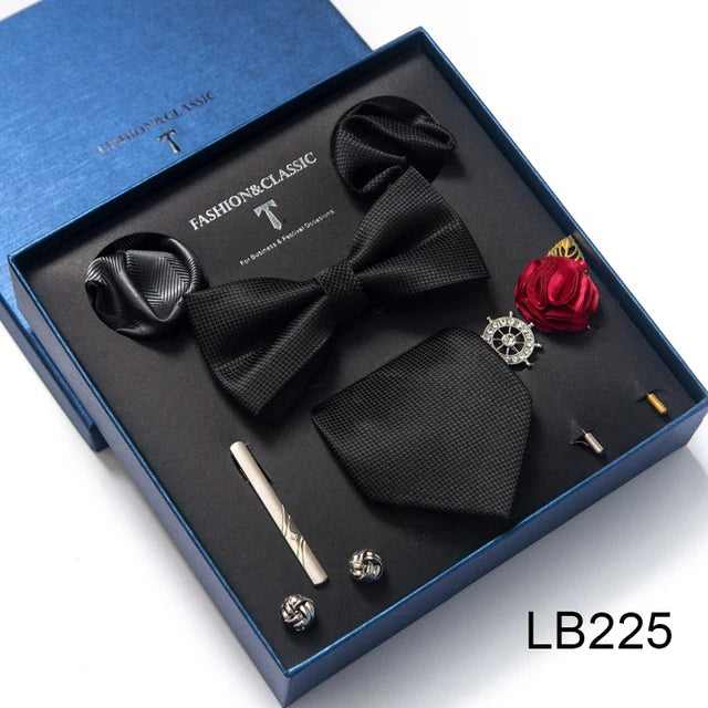 8-in-1 Luxury Silk Tie Gift Set – Necktie, Bow Tie, Pocket Squares, Cufflinks, Tie Clip & Brooches in Elegant Box