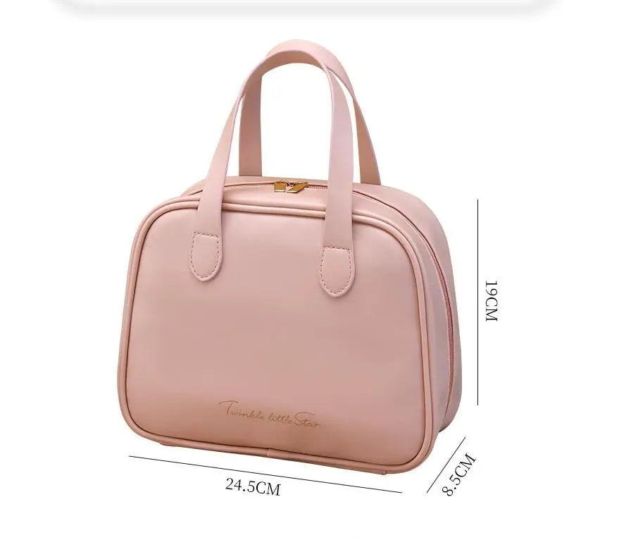 PU Leather Large Capacity Cosmetic Bag – Travel Makeup Organizer with Handle & Compartments