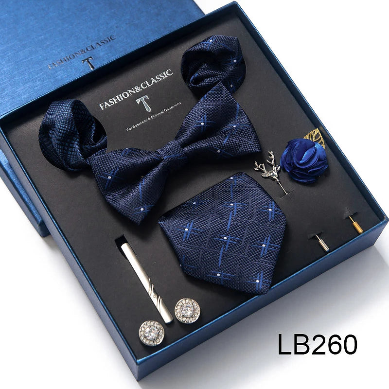 8-in-1 Luxury Silk Tie Gift Set – Necktie, Bow Tie, Pocket Squares, Cufflinks, Tie Clip & Brooches in Elegant Box