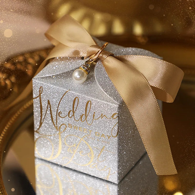 Luxury Glitter Wedding Candy Boxes with Pearl Ribbon Bow – High-End Gift & Chocolate Favor Box (20, 50pcs)
