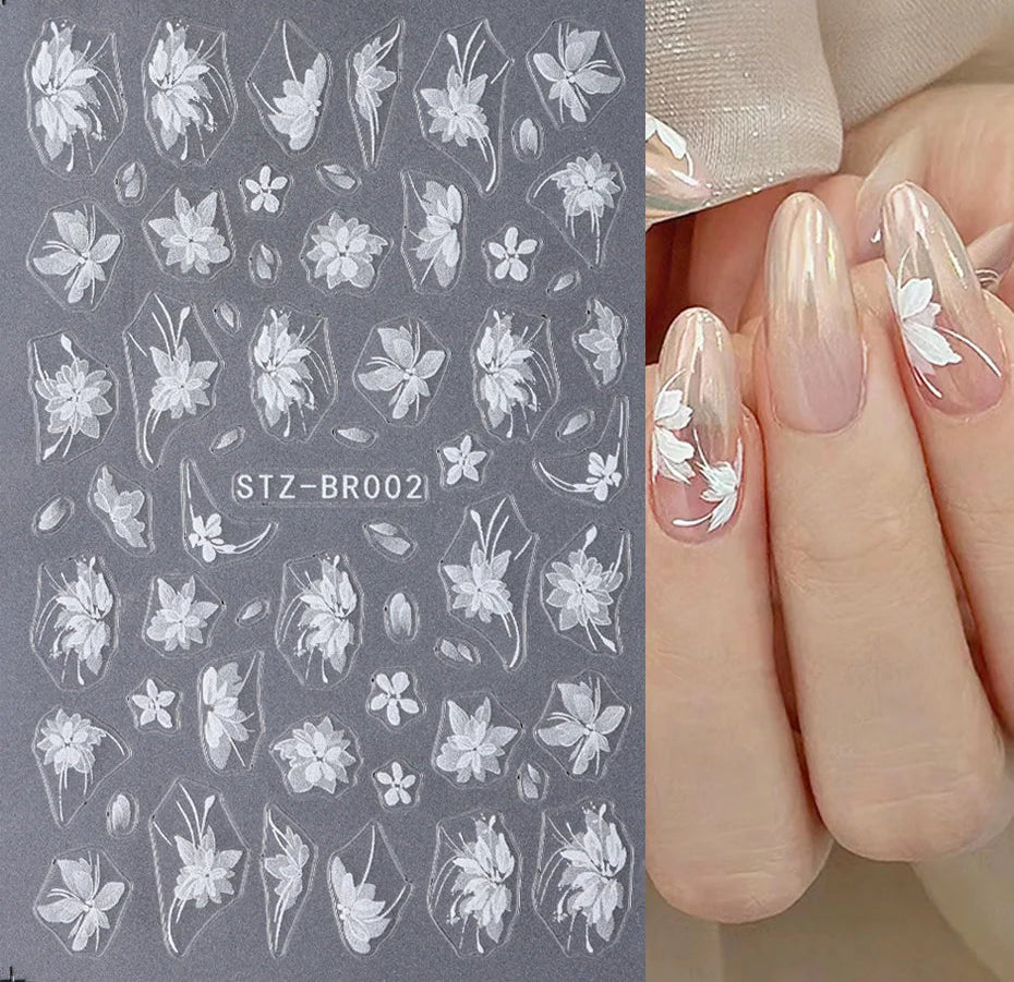3D White Flower Nail Art Stickers Cute Floral Adhesive Sliders Acrylic Decoration Decals DIY Nail Charms Adhesive Accessories