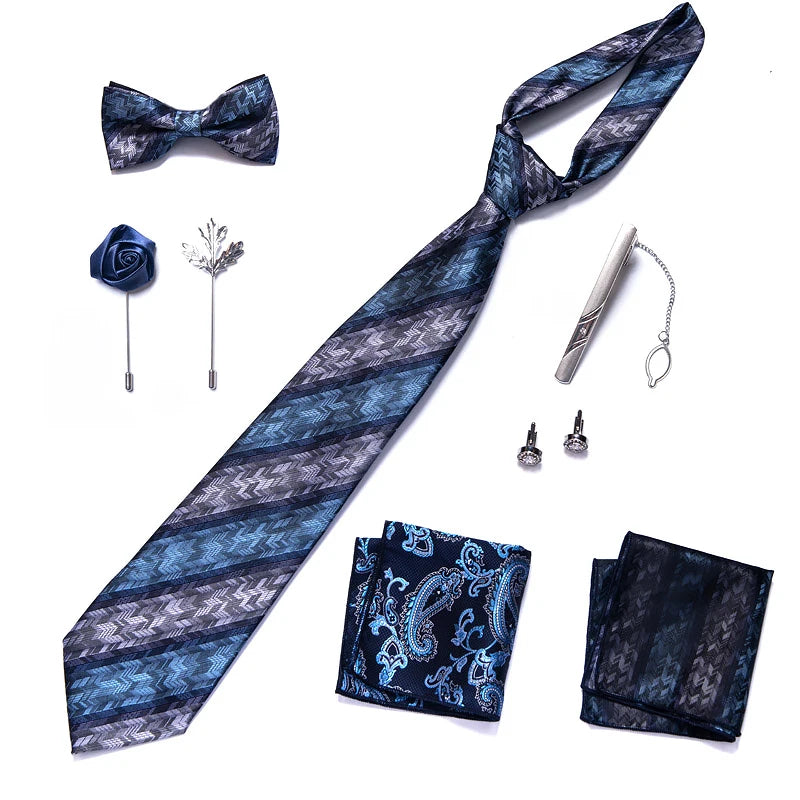8-in-1 Luxury Silk Tie Gift Set – Necktie, Bow Tie, Pocket Squares, Cufflinks, Tie Clip & Brooches in Elegant Box