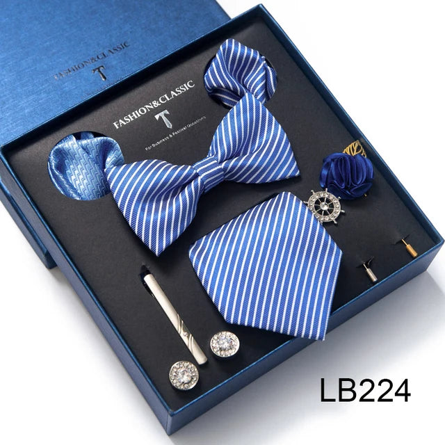 8-in-1 Luxury Silk Tie Gift Set – Necktie, Bow Tie, Pocket Squares, Cufflinks, Tie Clip & Brooches in Elegant Box