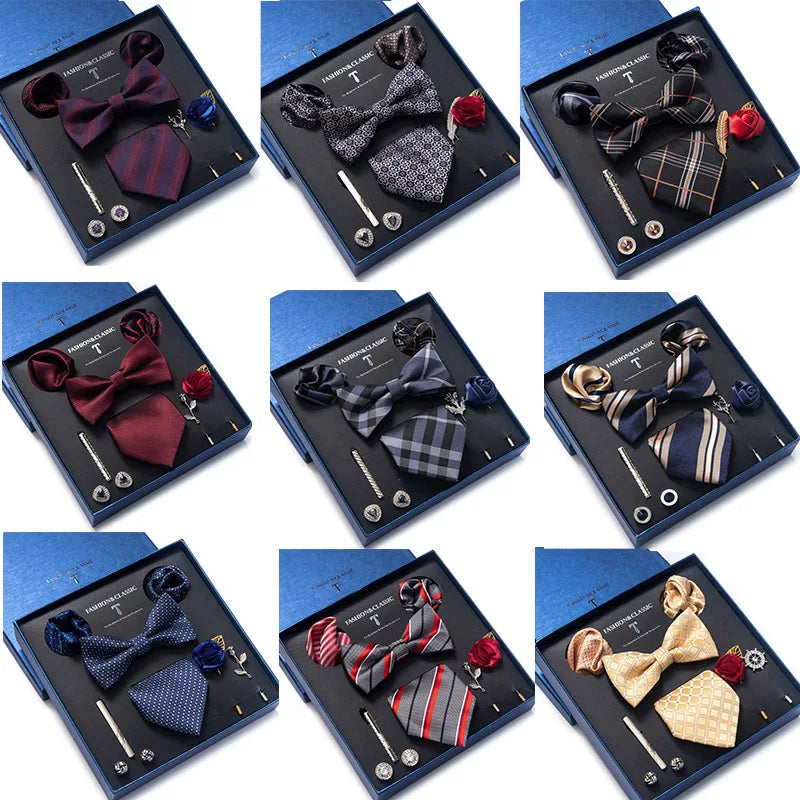 8-in-1 Luxury Silk Tie Gift Set – Necktie, Bow Tie, Pocket Squares, Cufflinks, Tie Clip & Brooches in Elegant Box