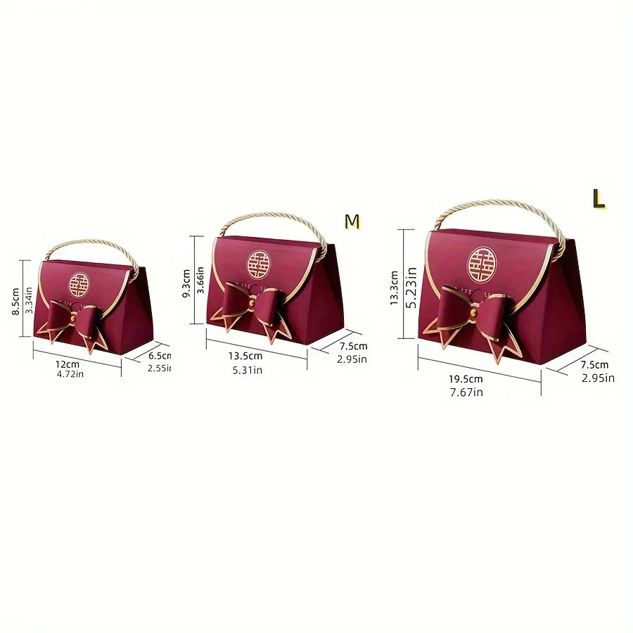 12Pcs Wine Red Handbag Candy Boxes – Elegant Wedding Favor Gift Packaging with Bow & Chinese “Double Happiness” Design