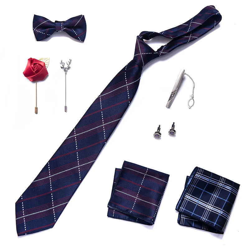 8-in-1 Luxury Silk Tie Gift Set – Necktie, Bow Tie, Pocket Squares, Cufflinks, Tie Clip & Brooches in Elegant Box
