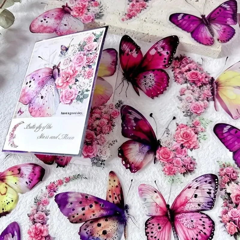 Butterfly & Moon Floral PET Stickers – Dreamy Scrapbooking & Journal Decoration Set (30 pcs)