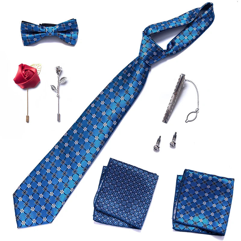 8-in-1 Luxury Silk Tie Gift Set – Necktie, Bow Tie, Pocket Squares, Cufflinks, Tie Clip & Brooches in Elegant Box