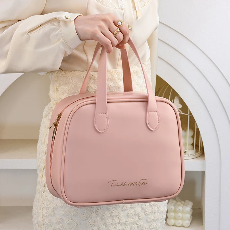 PU Leather Large Capacity Cosmetic Bag – Travel Makeup Organizer with Handle & Compartments