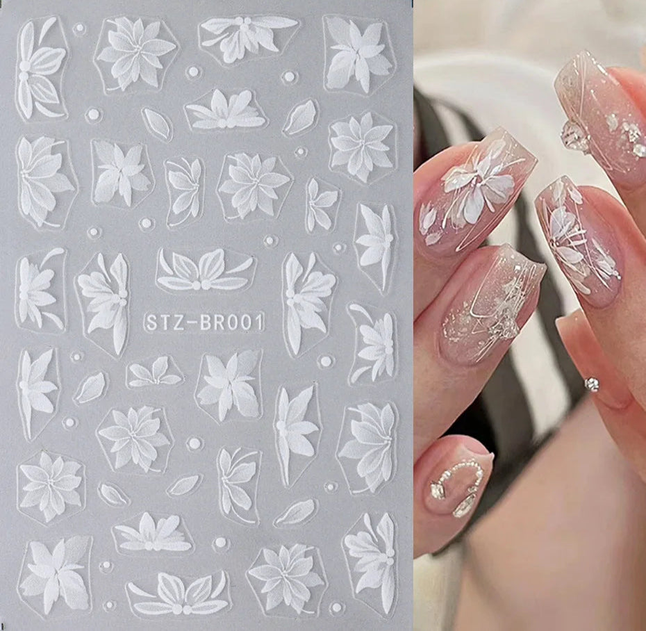 3D White Flower Nail Art Stickers Cute Floral Adhesive Sliders Acrylic Decoration Decals DIY Nail Charms Adhesive Accessories