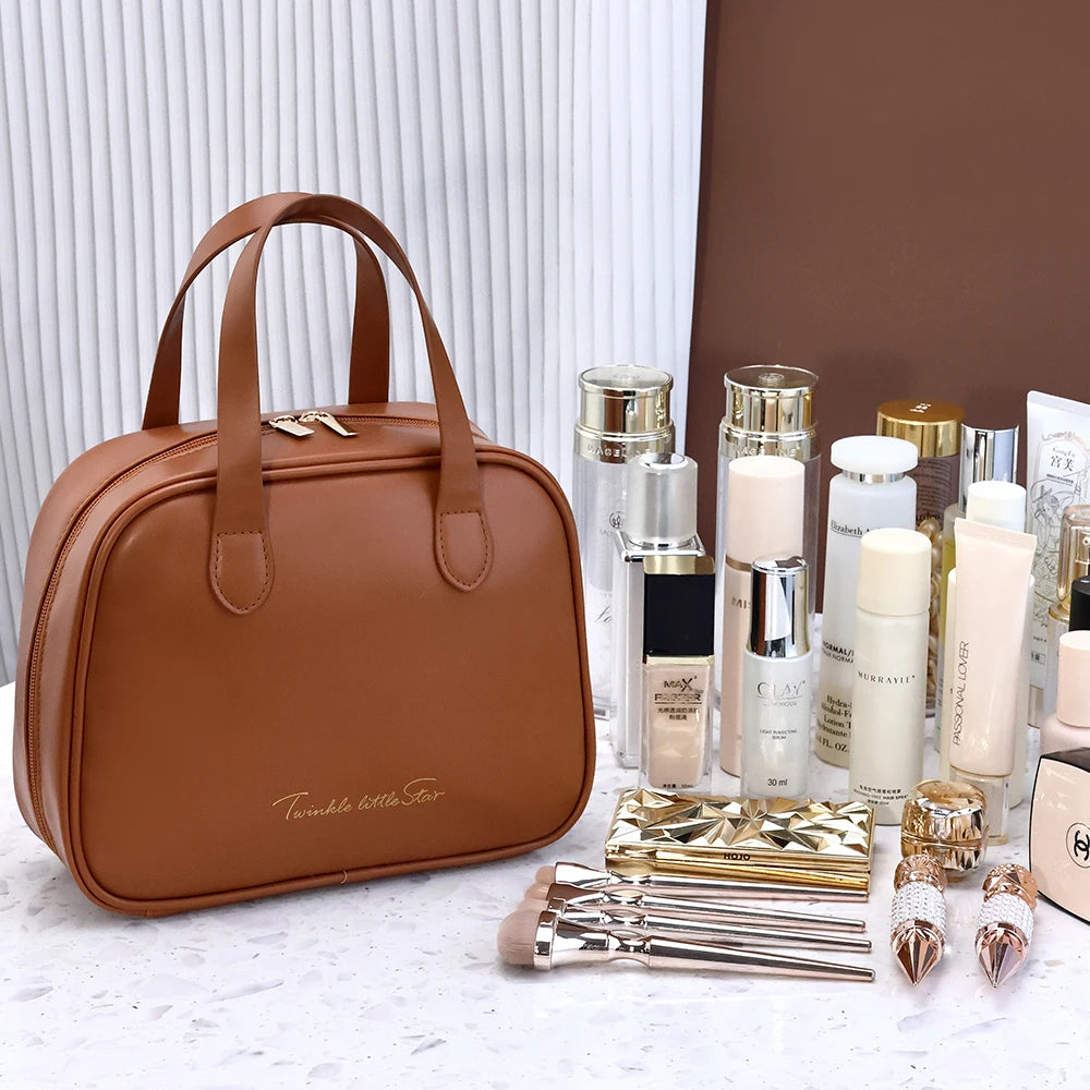 PU Leather Large Capacity Cosmetic Bag – Travel Makeup Organizer with Handle & Compartments
