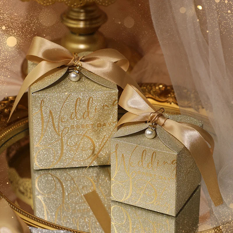 Luxury Glitter Wedding Candy Boxes with Pearl Ribbon Bow – High-End Gift & Chocolate Favor Box (20, 50pcs)
