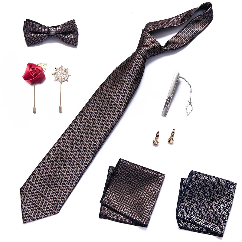 8-in-1 Luxury Silk Tie Gift Set – Necktie, Bow Tie, Pocket Squares, Cufflinks, Tie Clip & Brooches in Elegant Box