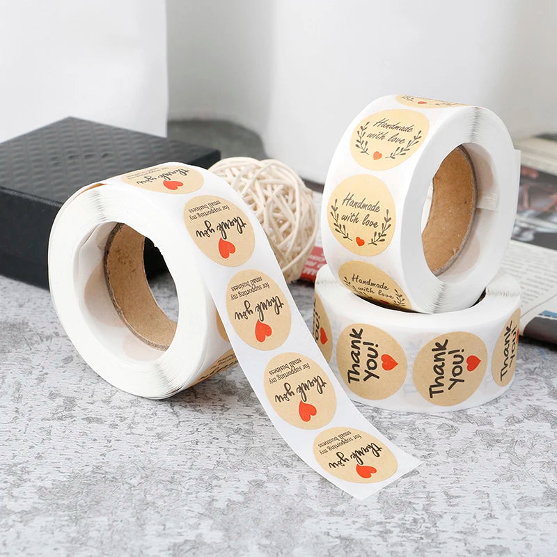 Vintage Kraft “Thank You” Stickers – 500pcs Roll for Small Business Packaging & Gifts