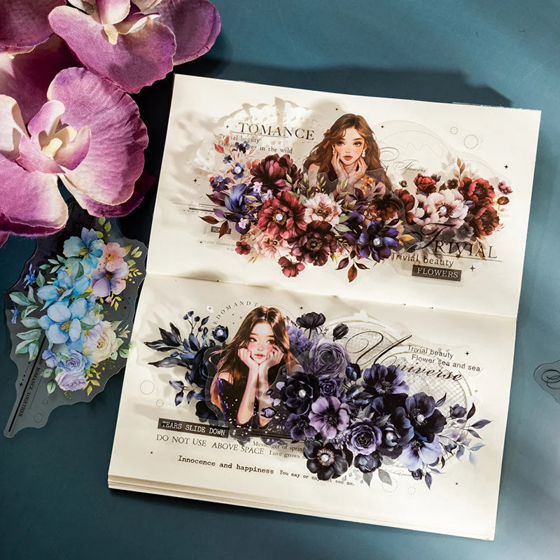 Twilight Flower PET Stickers – Elegant Floral Collage Set for Scrapbook & Journaling