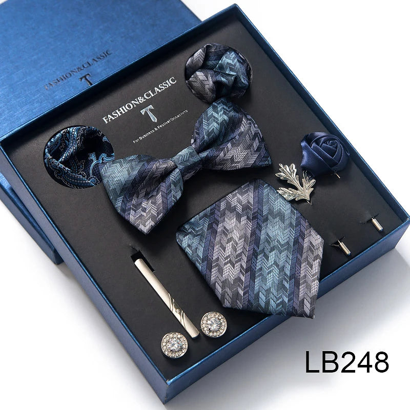 8-in-1 Luxury Silk Tie Gift Set – Necktie, Bow Tie, Pocket Squares, Cufflinks, Tie Clip & Brooches in Elegant Box