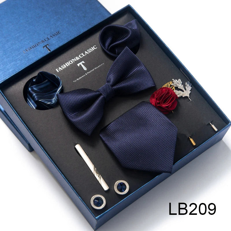 8-in-1 Luxury Silk Tie Gift Set – Necktie, Bow Tie, Pocket Squares, Cufflinks, Tie Clip & Brooches in Elegant Box