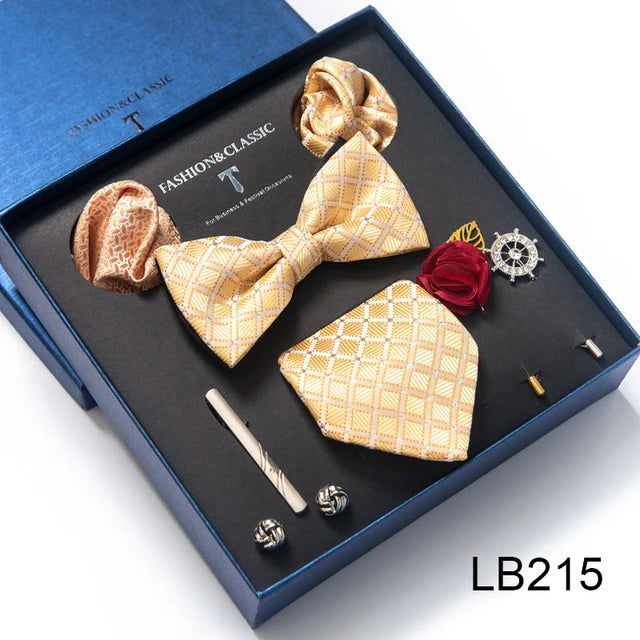 8-in-1 Luxury Silk Tie Gift Set – Necktie, Bow Tie, Pocket Squares, Cufflinks, Tie Clip & Brooches in Elegant Box