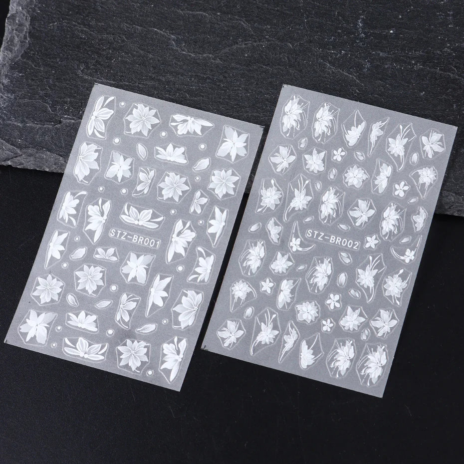 3D White Flower Nail Art Stickers Cute Floral Adhesive Sliders Acrylic Decoration Decals DIY Nail Charms Adhesive Accessories