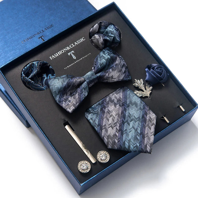 8-in-1 Luxury Silk Tie Gift Set – Necktie, Bow Tie, Pocket Squares, Cufflinks, Tie Clip & Brooches in Elegant Box