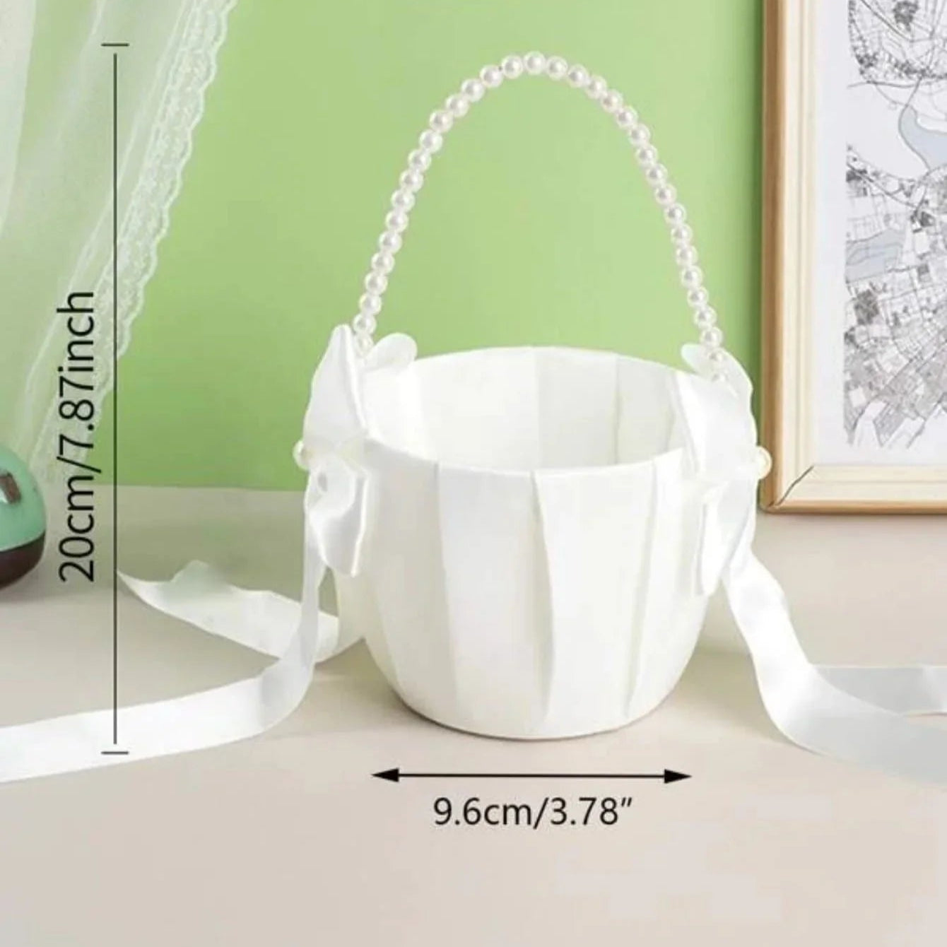 Elegant Bridal Flower Girl Basket – Satin Bow & Pearl Handle Wedding Ceremony Decoration