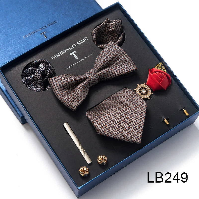 8-in-1 Luxury Silk Tie Gift Set – Necktie, Bow Tie, Pocket Squares, Cufflinks, Tie Clip & Brooches in Elegant Box