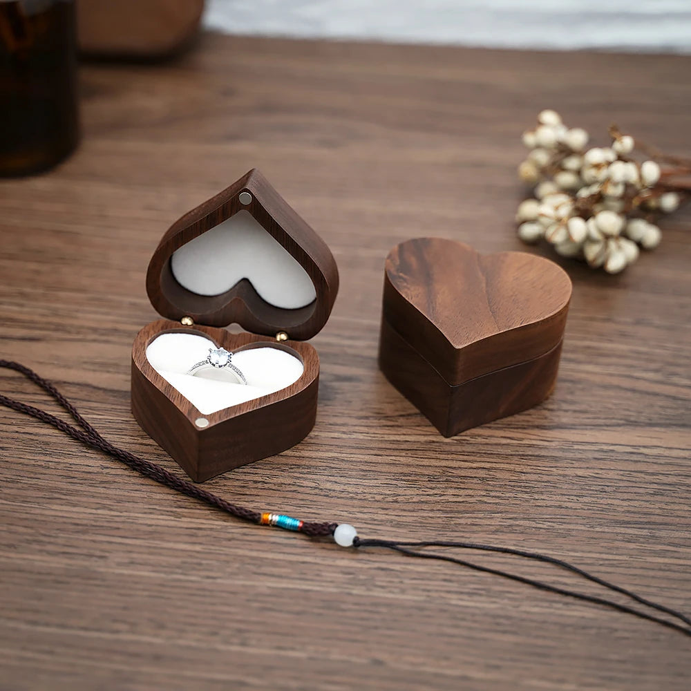 Engraved Heart-Shaped Wooden Ring Box – Personalized Wedding & Proposal