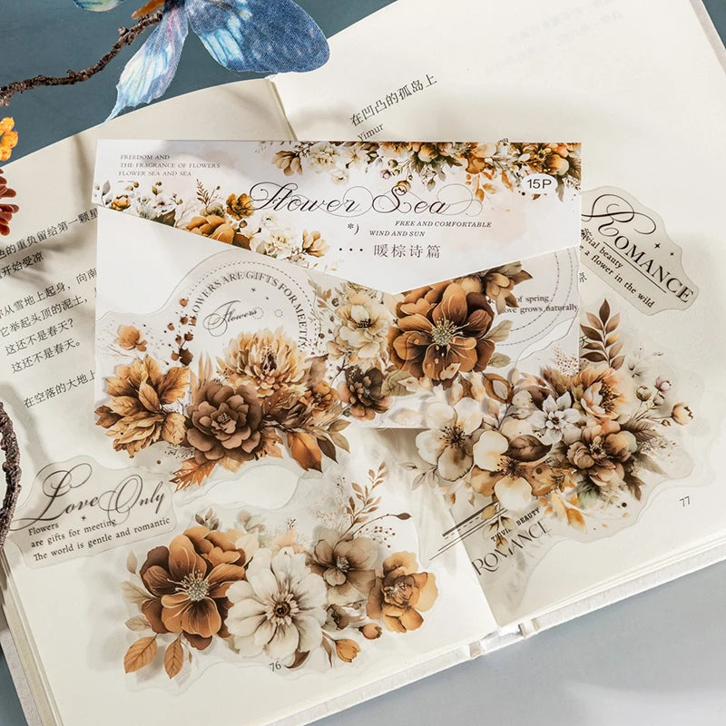 Twilight Flower PET Stickers – Elegant Floral Collage Set for Scrapbook & Journaling