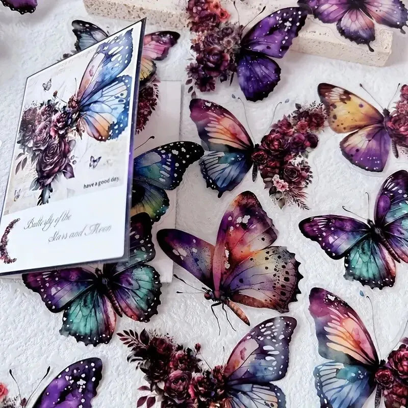 Butterfly & Moon Floral PET Stickers – Dreamy Scrapbooking & Journal Decoration Set (30 pcs)