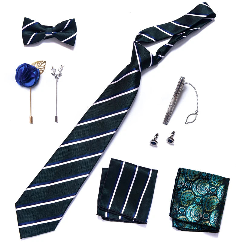 8-in-1 Luxury Silk Tie Gift Set – Necktie, Bow Tie, Pocket Squares, Cufflinks, Tie Clip & Brooches in Elegant Box