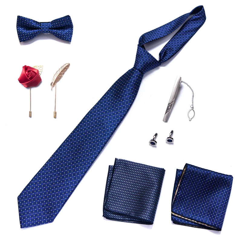 8-in-1 Luxury Silk Tie Gift Set – Necktie, Bow Tie, Pocket Squares, Cufflinks, Tie Clip & Brooches in Elegant Box