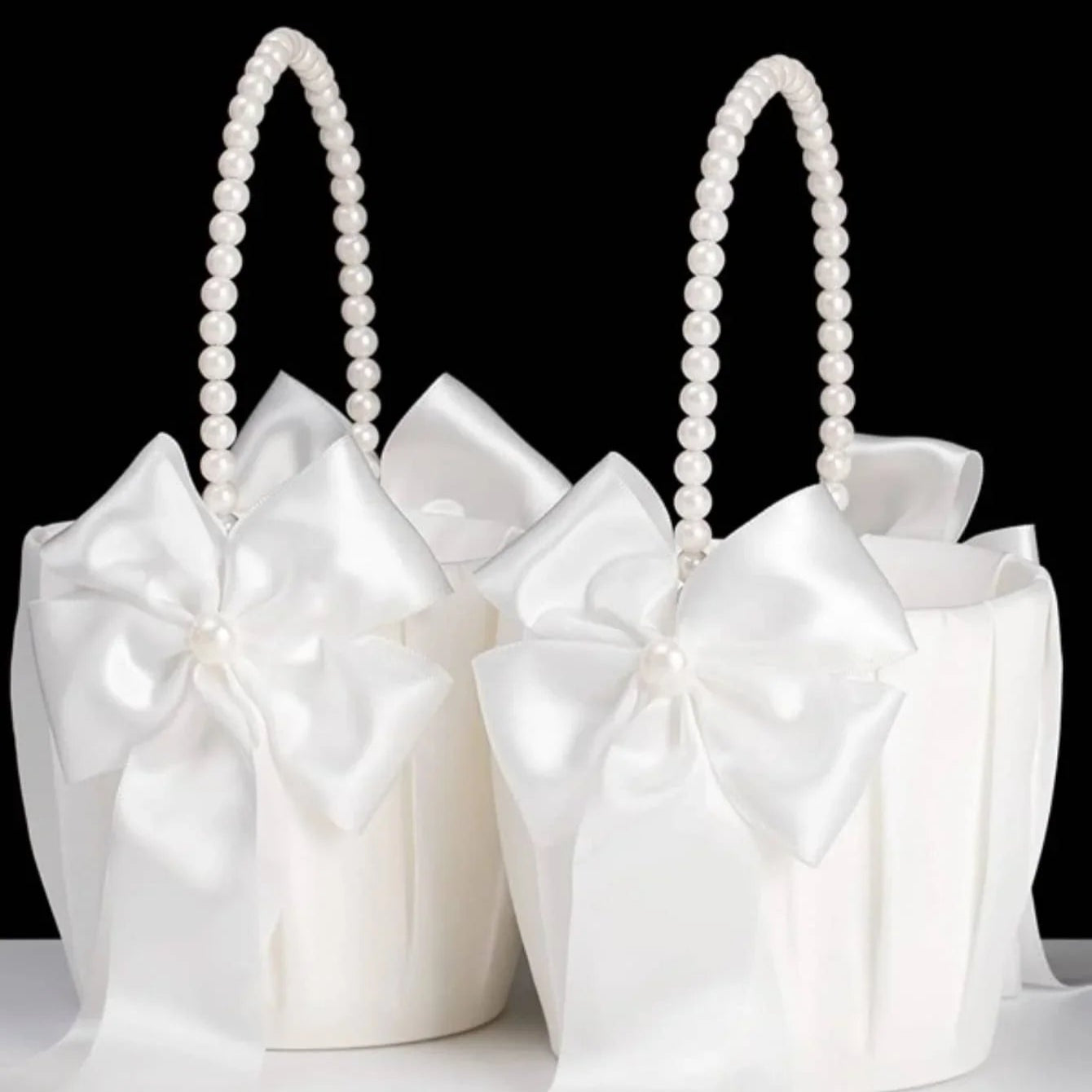 Elegant Bridal Flower Girl Basket – Satin Bow & Pearl Handle Wedding Ceremony Decoration