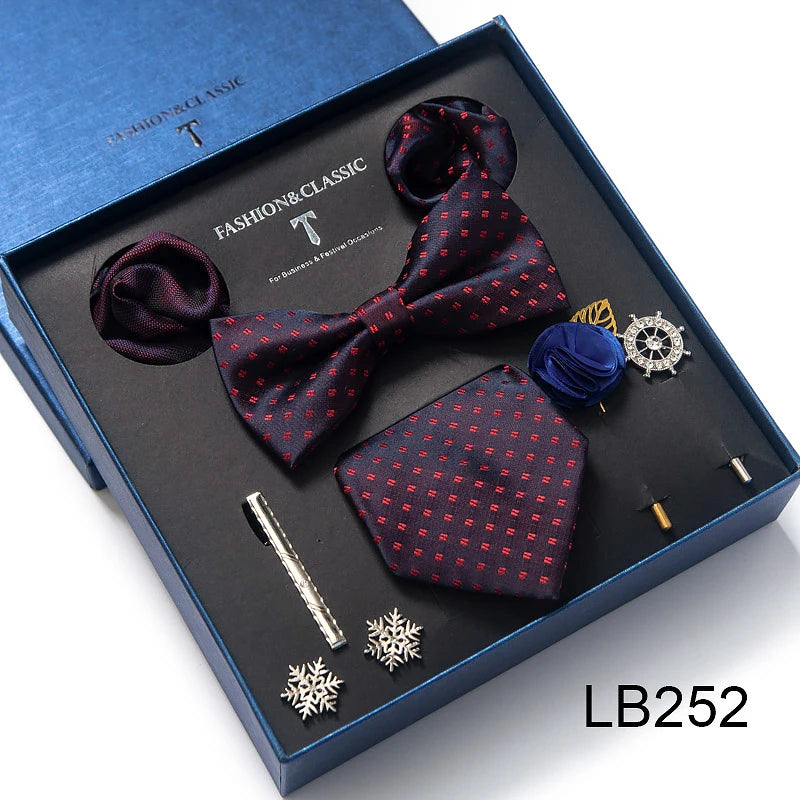 8-in-1 Luxury Silk Tie Gift Set – Necktie, Bow Tie, Pocket Squares, Cufflinks, Tie Clip & Brooches in Elegant Box