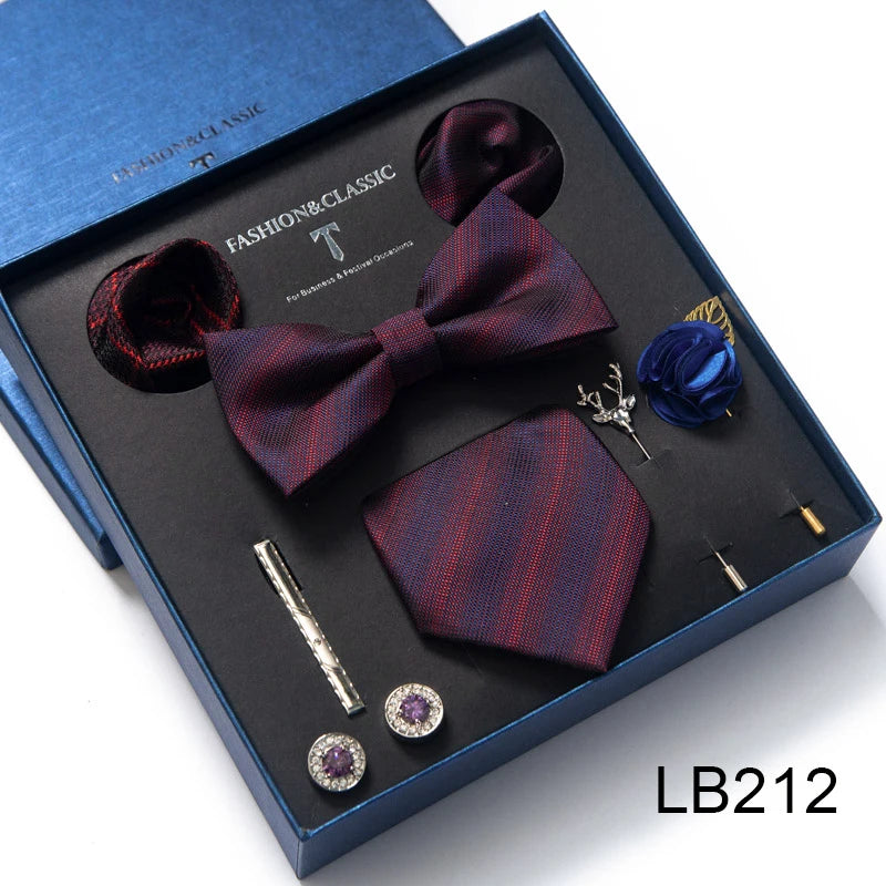 8-in-1 Luxury Silk Tie Gift Set – Necktie, Bow Tie, Pocket Squares, Cufflinks, Tie Clip & Brooches in Elegant Box