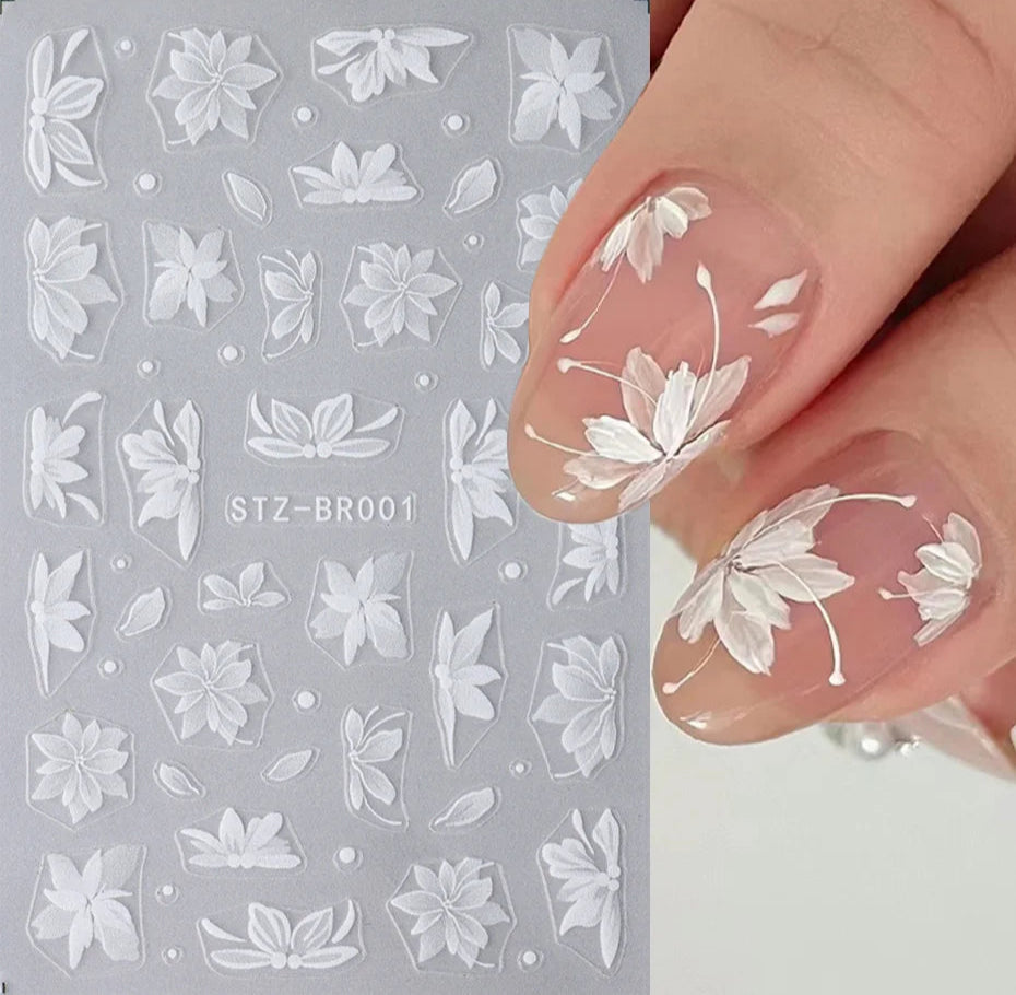 3D White Flower Nail Art Stickers Cute Floral Adhesive Sliders Acrylic Decoration Decals DIY Nail Charms Adhesive Accessories