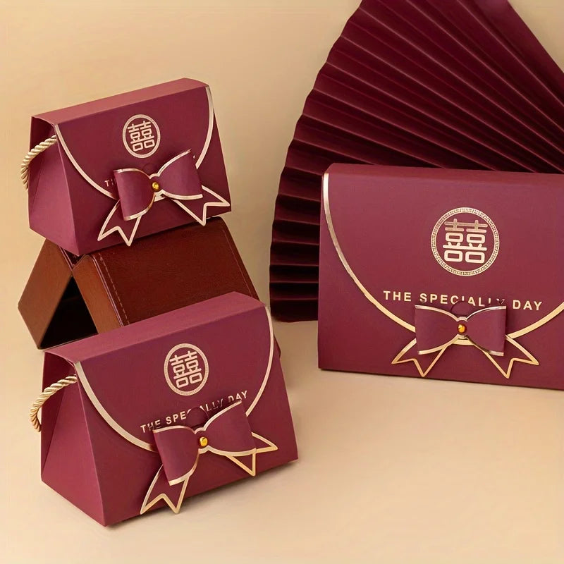 12Pcs Wine Red Handbag Candy Boxes – Elegant Wedding Favor Gift Packaging with Bow & Chinese “Double Happiness” Design