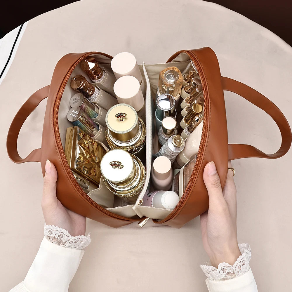 PU Leather Large Capacity Cosmetic Bag – Travel Makeup Organizer with Handle & Compartments