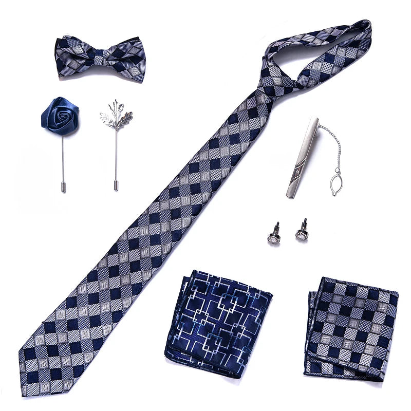 8-in-1 Luxury Silk Tie Gift Set – Necktie, Bow Tie, Pocket Squares, Cufflinks, Tie Clip & Brooches in Elegant Box