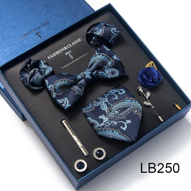 8-in-1 Luxury Silk Tie Gift Set – Necktie, Bow Tie, Pocket Squares, Cufflinks, Tie Clip & Brooches in Elegant Box