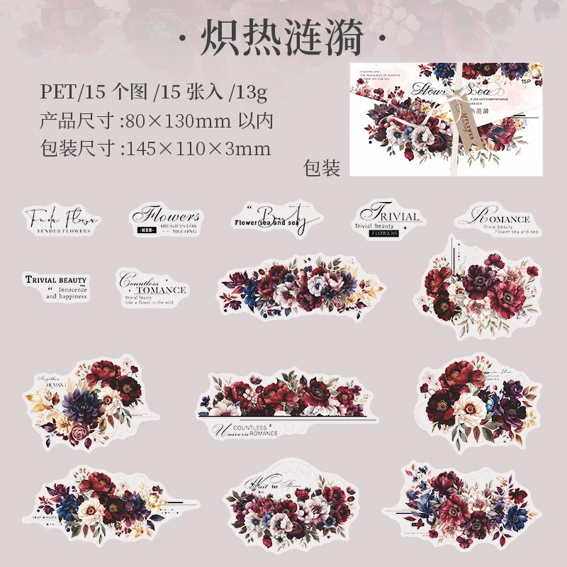 Twilight Flower PET Stickers – Elegant Floral Collage Set for Scrapbook & Journaling