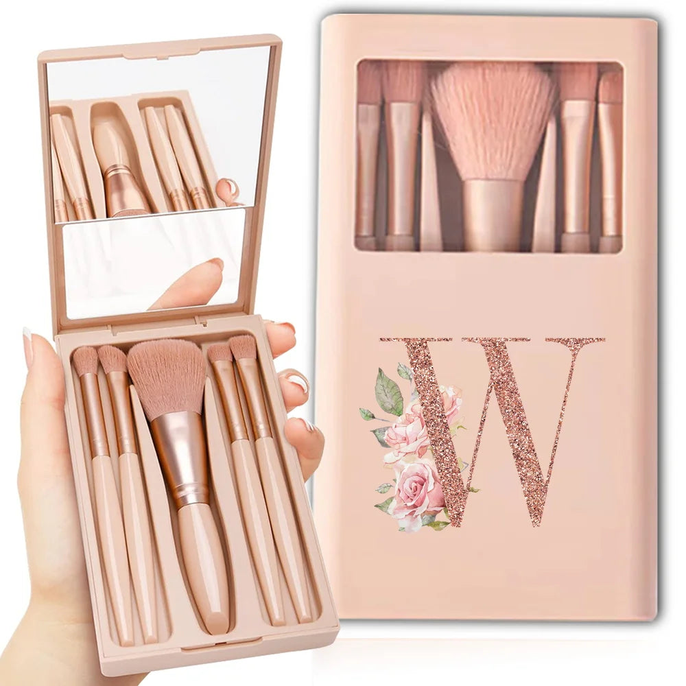 5-Piece Makeup Brush Set – Portable Cosmetic Kit with Mirror & Foldable Storage Case