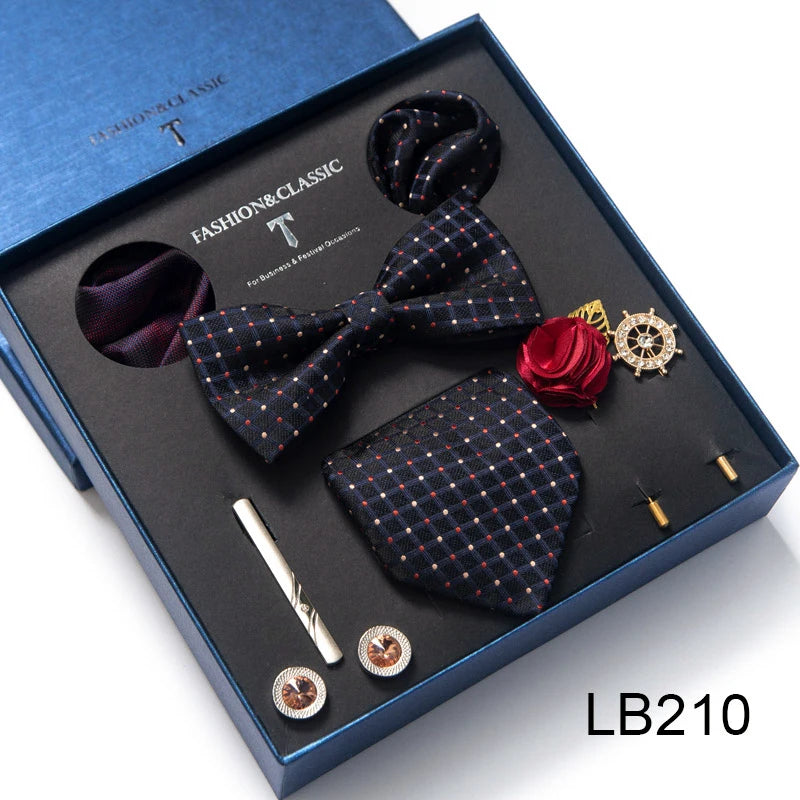 8-in-1 Luxury Silk Tie Gift Set – Necktie, Bow Tie, Pocket Squares, Cufflinks, Tie Clip & Brooches in Elegant Box